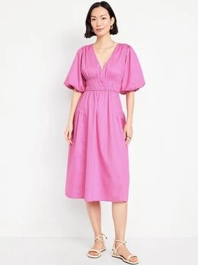 Waist-Defined Puff-Sleeve Midi Dress